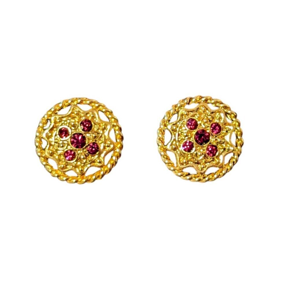 Vintage Statement‎ Earrings Amethyst Rhinestone Medallion Gold Tone MCM Estate